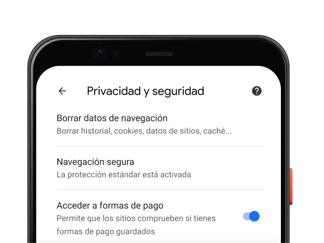 Página de configuración Privacidad y seguridad en un dispositivo móvil.