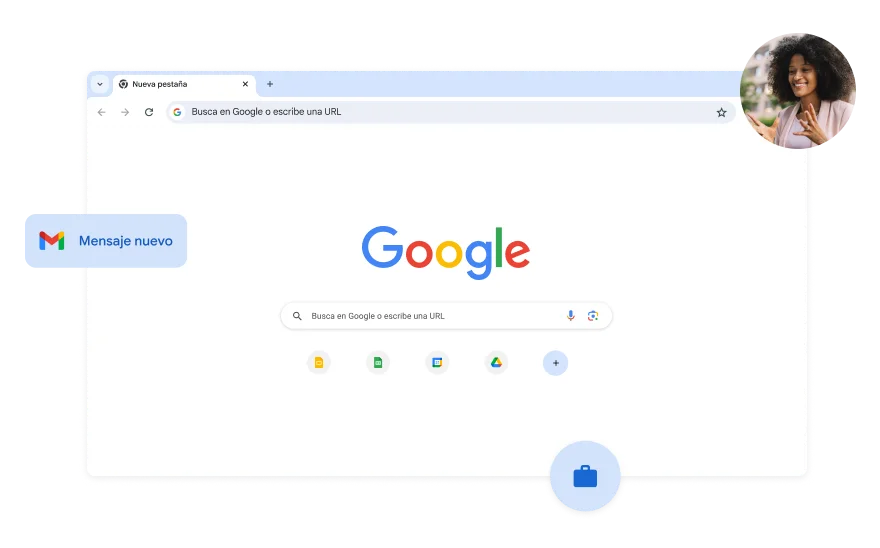 El fondo de la página de Búsqueda de Google es blanco. Hay una foto de una mujer en una esquina.