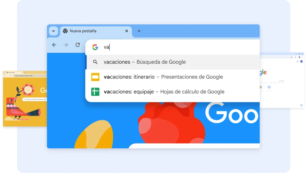 Una búsqueda de “va” muestra documentos relacionados con vacaciones y, luego, presionar un acceso directo de Hojas de cálculo muestra una lista para hacer el equipaje para viajar.