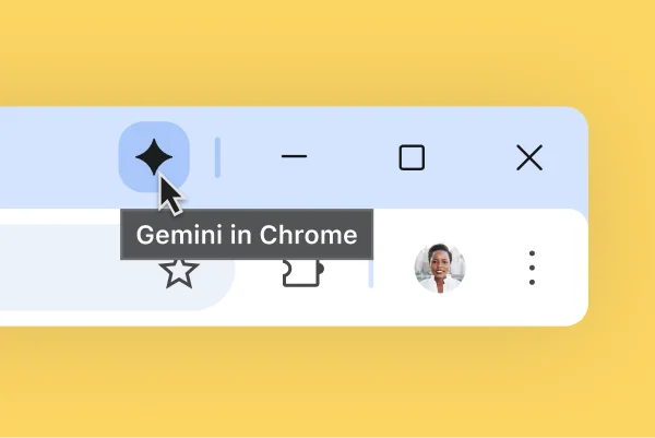 A Gemini icon is shown at the top of a Chrome browser bar. The user hovers on the icon. A tooltip reads 'Gemini in Chrome.'