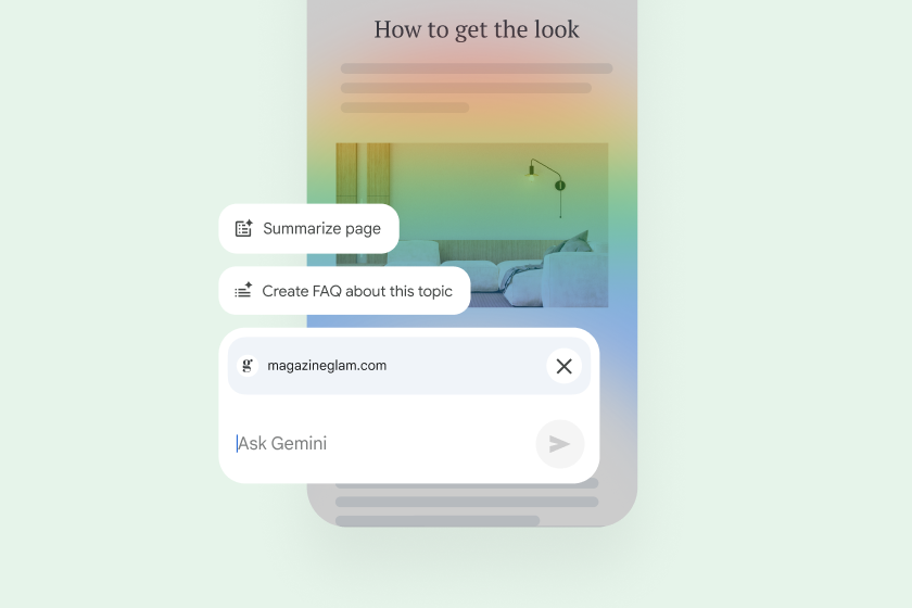 Over a webpage on a mobile phone, controls let the user summarize the page, find related sites, or ask Gemini a question.